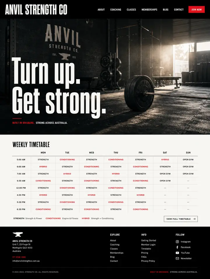 Home page for Anvil Strength Co, a black and red site for a strength gym