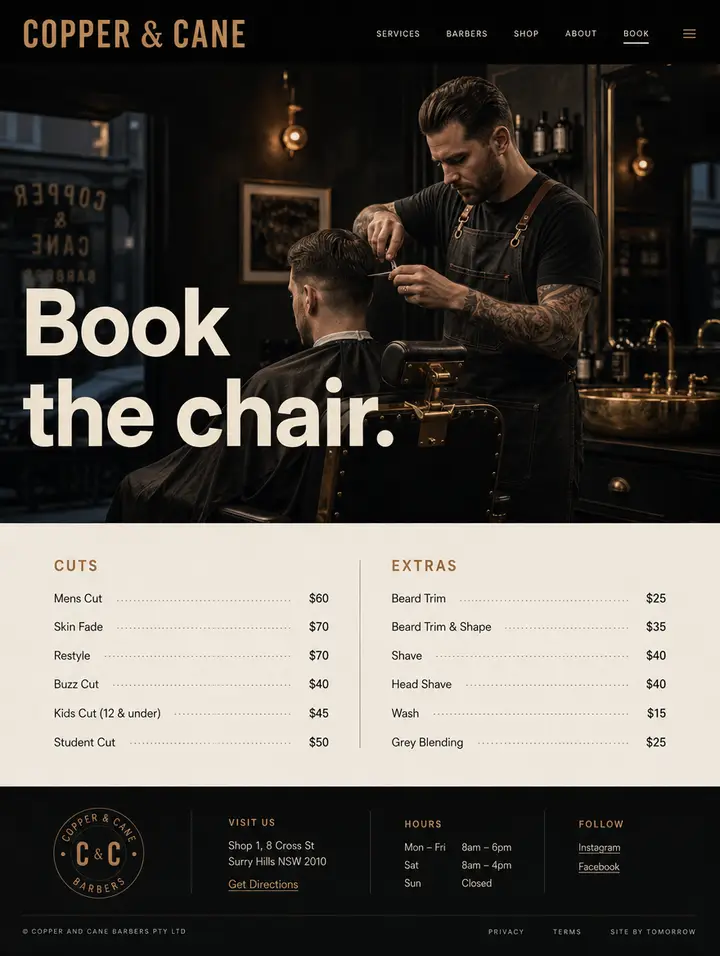 Home page for Copper and Cane Barbers, a near-black and brass site for a barbershop