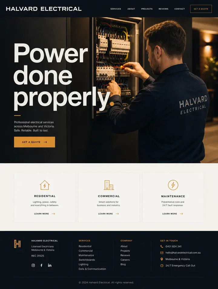 Home page for Halvard Electrical, a dark editorial site for an electrician