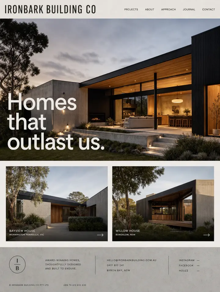 Home page for Ironbark Building Co, a concrete and glass site for a builder