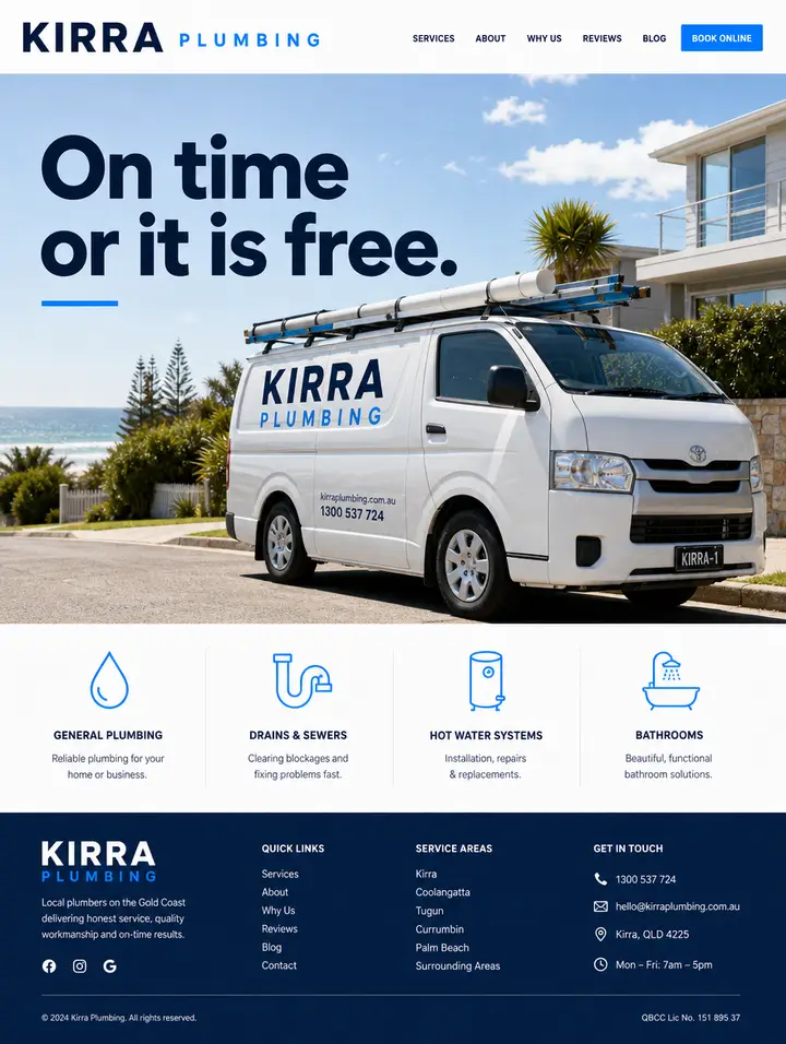 Home page for Kirra Plumbing, a crisp white and navy site for a plumber