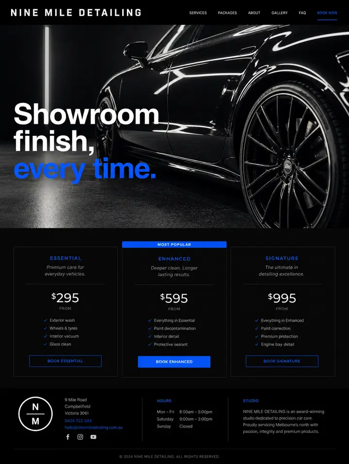 Home page for Nine Mile Detailing, a black and chrome site for a car detailer