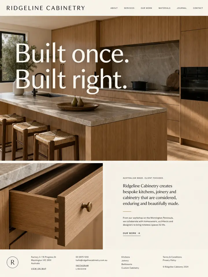 Home page for Ridgeline Cabinetry, a warm timber site for a joinery