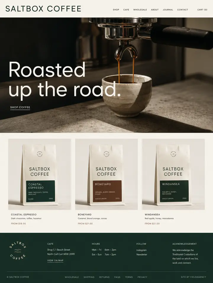 Home page for Saltbox Coffee, a bone and green site for a coffee roaster