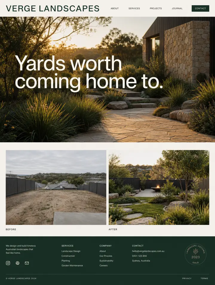 Home page for Verge Landscapes, a deep green site for a landscaper